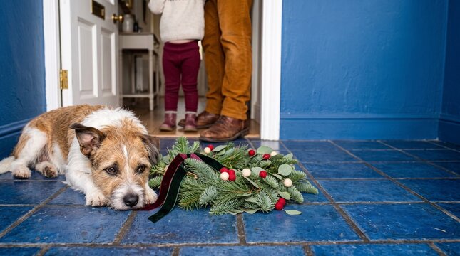 Unimpressed dog beside a collapsed holiday wreath