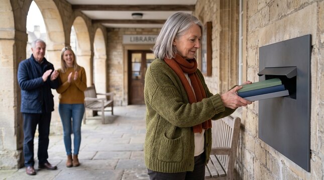 Older reader returns books as neighbors celebrate outside library