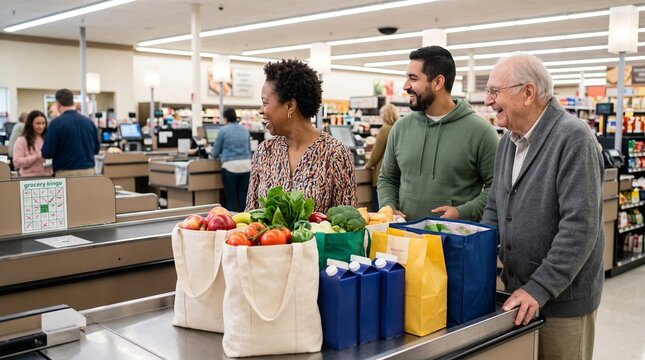Diverse shoppers celebrate a checkout bingo win