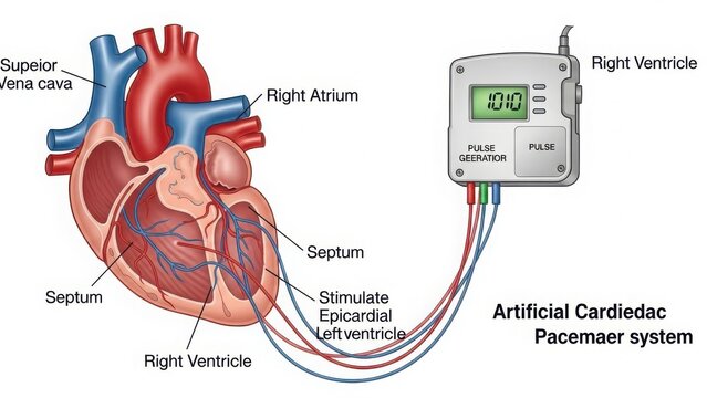 Medical illustration of a human heart with an artificial pacemaker system illustration