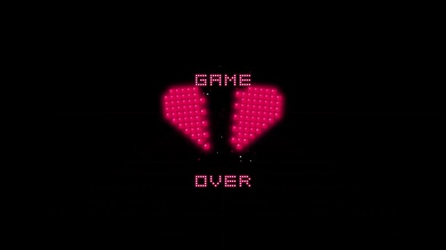 Broken glowing red pixel heart animation for game over 