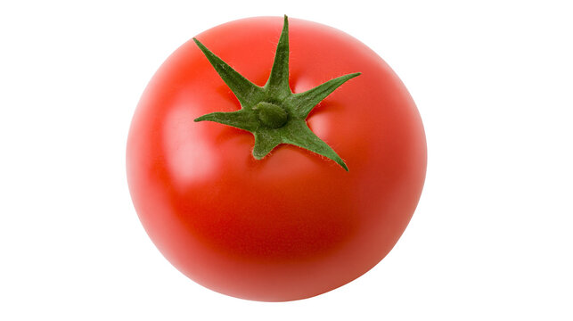Isolated vibrant fresh ripe red tomato with green stem and sepals, healthy organic food ingredient.