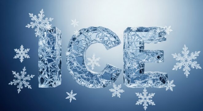 Ice letters made of frozen water with snowflakes on a blue background illustration