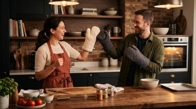 Two cooks stage a playful oven mitt boxing faceoff