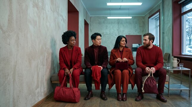 Seasonal casting candidates wait in a red lounge