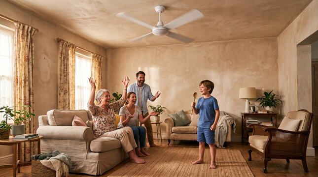 Family reacts to a wobbling ceiling fan at home