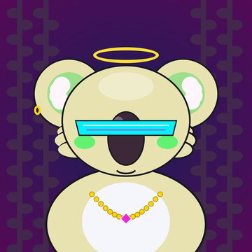 Cute stylized cartoon koala illustration wearing a futuristic visor, gold jewelry, and a golden halo on a purple background, vector art design