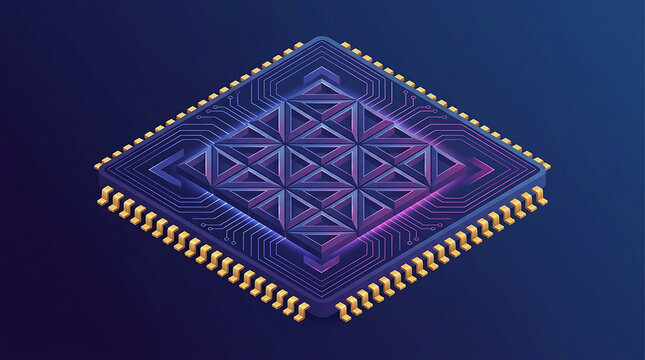 Isometric CPU Microchip Processor with Glowing Geometric Core