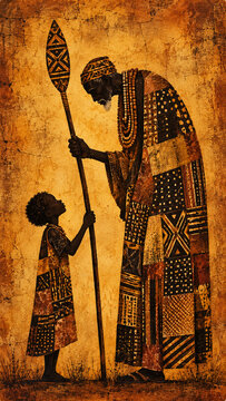 Elder and Child with Spear in Traditional African Attire
