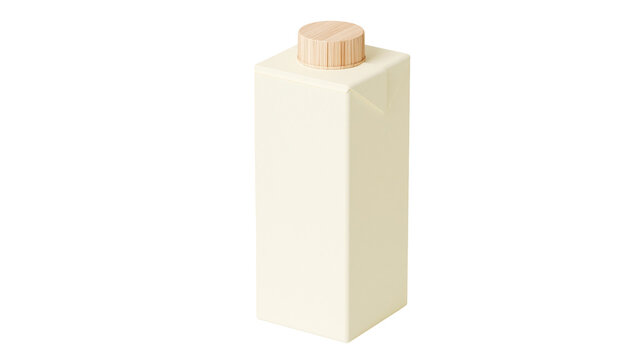 Isolated cream colored minimalist beverage carton with natural wooden cap; clean packaging