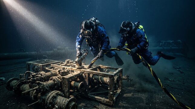 Divers approach a subsea wellhead manifold for inspection