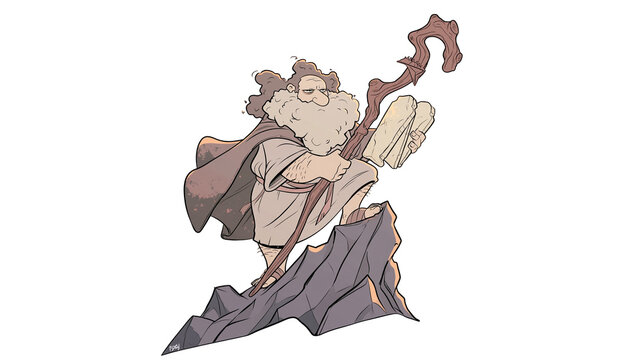 Isolated cartoon style ancient bearded prophet character holding stone tablets and staff on rocky terrain