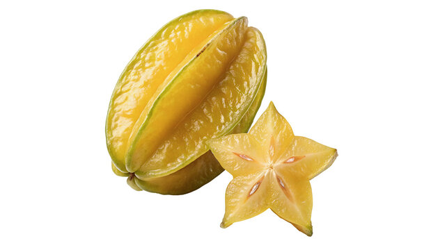 Whole and sliced yellow carambola star fruit isolated on transparent background