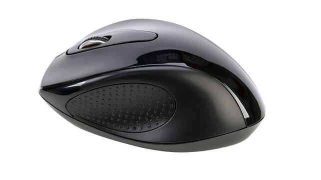 Isolated black wireless computer mouse with scroll wheel for modern digital devices