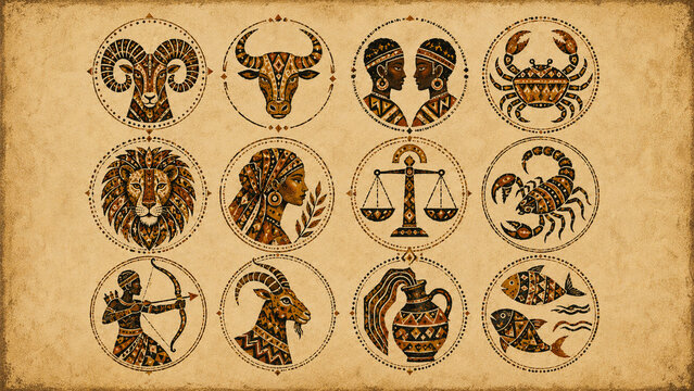 Tribal Style Zodiac Signs Set on Textured Paper Background &mdash; 7f23d8c3