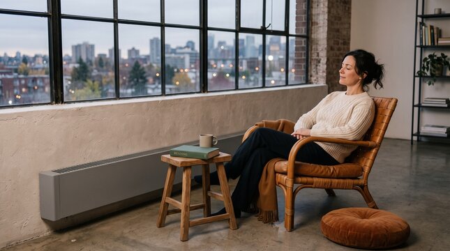 Restful reader in a loft corner with baseboard heat