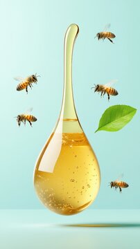 Honey Droplet Surrounded by Bees and Fresh Leaf: Nature's Sweetness