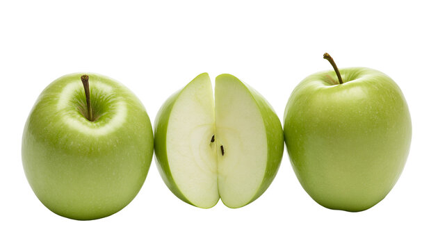 Isolated green apples, one sliced in half showing seeds, two fresh whole fruits
