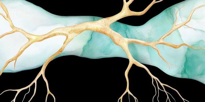 Abstract Tree Roots and Branches Merging with Soft Blue Waves in Contemporary Art Style