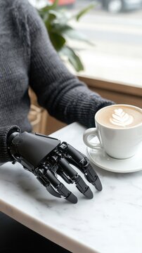 Futuristic Prosthetic Hand Holding a Coffee Cup: A Blend of Technology and Daily Life