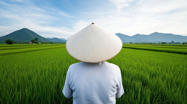 Exploring Tranquil Rice Fields: A Person in Traditional Attire Amidst Lush Green Landscapes