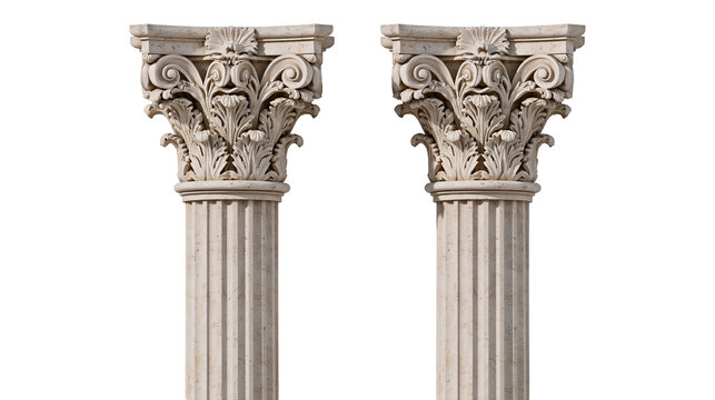 Isolated Elegant classical stone pillars with intricately carved ornate Corinthian capitals.