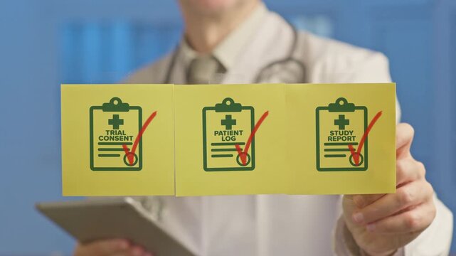 Medical professional in a lab coat with a stethoscope displaying the key steps of a clinical study, including trial consent, patient log, and study report, on yellow sticky notes
