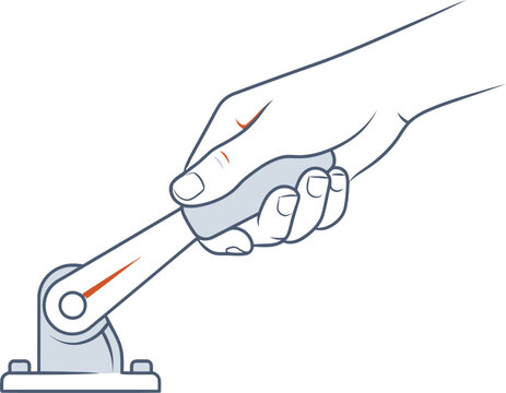 Minimalist line art of hand pulling industrial lever, manual control handle vector, mechanical switch operation illustration
