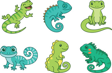 Naklejka premium Cute Cartoon Lizard and Reptile Vector Icon Set Featuring Chameleon, Iguana, and Gecko Characters for Children Book Illustrations and Educational Designs
