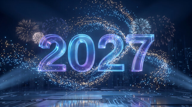 Futuristic digital display showing year two thousand twenty seven celebration design transparent background