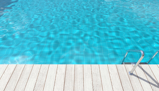 Image of poolside wooden terrace with blue tile swimming pool, light from clear sky shines through water make caustics at pool floor. Represent image feeling of vacation, holiday, party or summer.