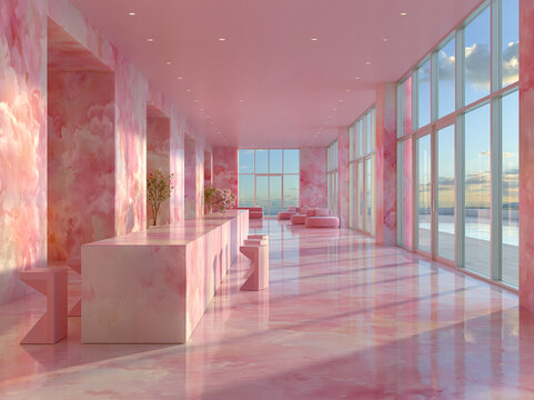 Spacious pink lobby with arched doorways, glossy floor, tall glass windows and distant water view under recessed ceiling lights.