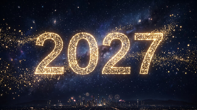 Futuristic golden sparkle fireworks display showing year two thousand twenty seven transparent background