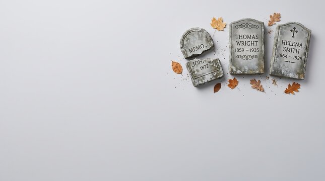 Three miniature stone gravestones with inscriptions thomas wright and helena smith arranged on a plain light grey background, with scattered autumn leaves