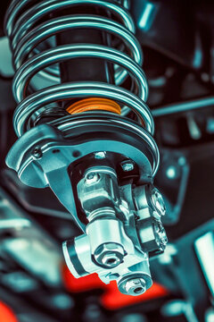Close-up view of a car's shock absorber, highlighting its internal mechanisms. vertical frame