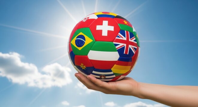 Person holding a soccer ball with world flags under a blue cloudy sky illustration