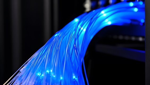 Glowing Blue Fiber Optic Cables Macro Close Up Stock Photo
