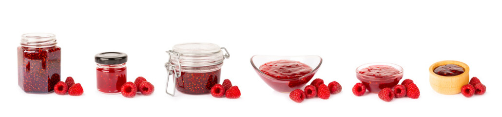 A jar of raspberry jam isolated on white background. A bowl of sweet berry jam. fruit spread texture, red jam splatter, organic dessert topping. clipping path © Avocado_studio