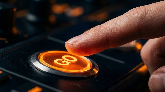 Close up of a finger about to press a bright orange go button on a modern technology interface.