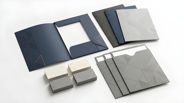 Corporate stationery set with blue folders and grey business cards on white background