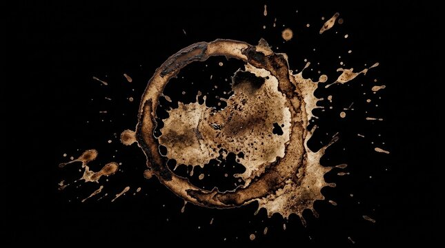 Messy coffee ring mark and liquid stains isolated on black.