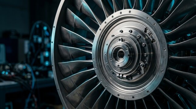 Detailed macro shot of a turbine engine with striking metallic textures.