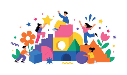 Fototapeta premium Children playing and building with colorful geometric shapes and blocks