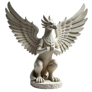 A close-up shot of a white statue of a bird with outstretched wings