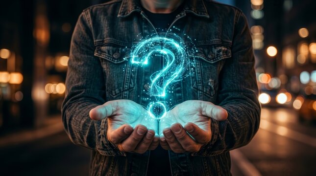 Future of technology and innovation concept with a businessman presenting a glowing blue question mark.