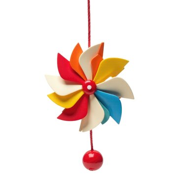 A colorful pinwheel ornament hangs from a string
