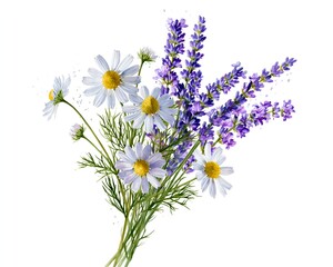 Fototapeta premium Fresh lavender and daisies in soft, natural arrangement. Delicate blooms with green stems and petals