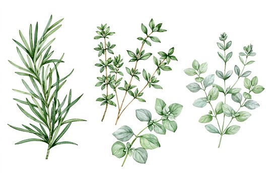 Watercolor sprigs of rosemary, thyme, and mint.