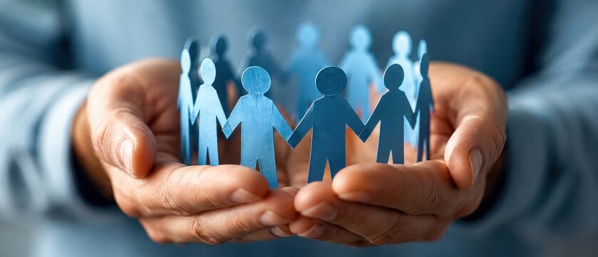 hands protecting circle of blue paper people holding hands together, teamwork and community support for hr services, insurance companies, social organizations