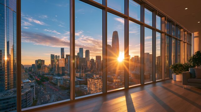 Golden sun sets over urban skyline through floor-to-ceiling windows. Cityscape glows in warm light
